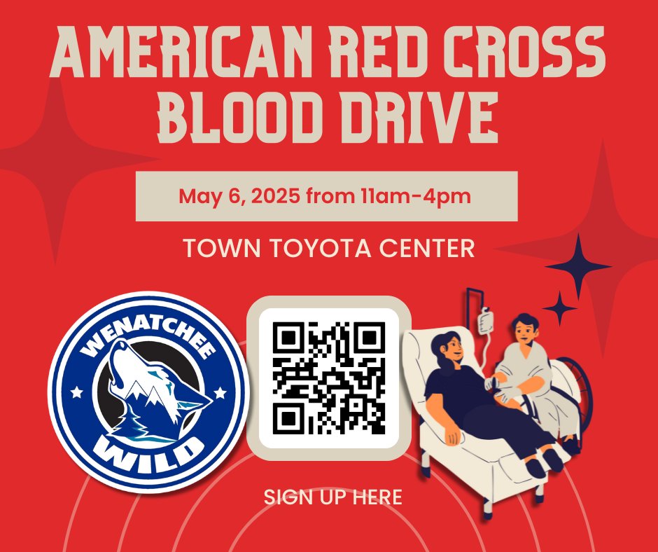 Wenatchee Wild (@whlwild_) on Twitter photo There's always a need for blood in our community & beyond...we've partnered with <a href="/RedCrossNW/">American Red Cross Northwest Region</a> on a blood drive right here at the TTC on Tuesday, May 6 from 11am to 4pm - details here, or scan the QR code:
🩸 redcrossblood.org/give.html/driv…
#PowerOfThePack There's always a need for blood in our community & beyond...we've partnered with <a href="/RedCrossNW/">American Red Cross Northwest Region</a> on a blood drive right here at the TTC on Tuesday, May 6 from 11am to 4pm - details here, or scan the QR code:
🩸 redcrossblood.org/give.html/driv…
#PowerOfThePack