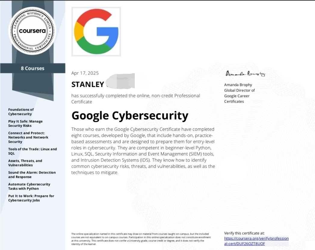 StanleyCyber's tweet image. Kicking off my journey into the world of cybersecurity with the Google Cybersecurity Certificate.

This marks the beginning of my path in protecting the digital world

More to come ✨️