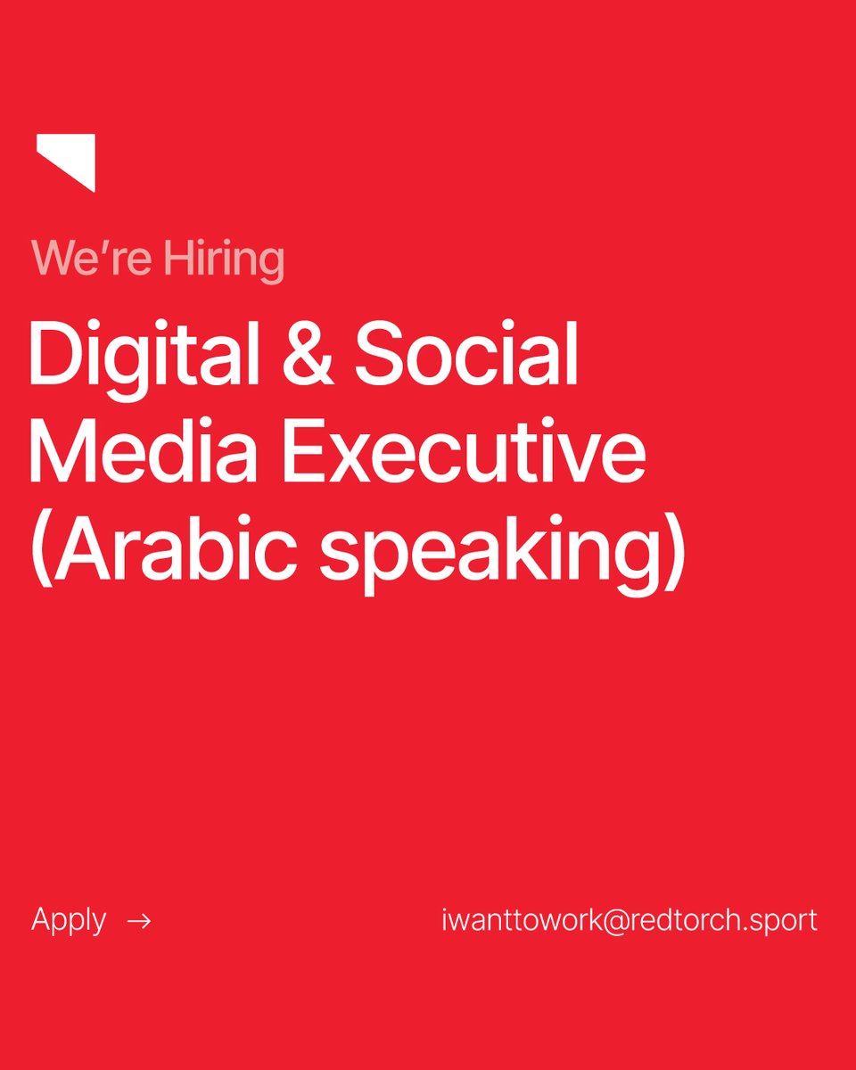 🚨 We’re hiring! 🚨

Redtorch is looking for a Digital &amp; Social Media Exec to join our team. 🌍

Native Arabic speaker with 1–2 yrs’ experience in project admin/coordination?

Love sport? This could be for you.

Apply now 👉 bit.ly/3Unhit0

#Hiring #MarketingAgency