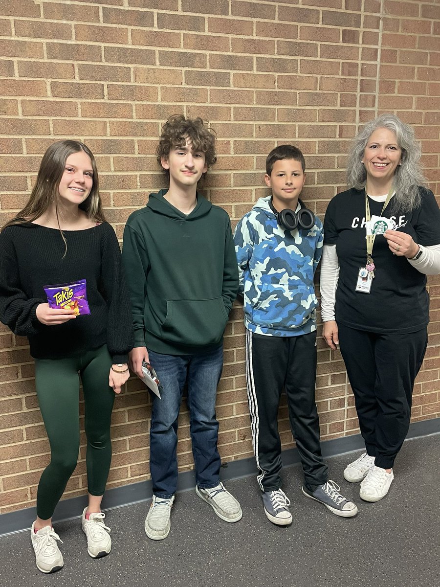 WMS "H-O-T Friday" winners!!!
(Here &amp; On Time)
Students and staff that have had perfect attendance the past couple weeks. Students receive a bag of HOT chips and the staff member receives a gift card for a HOT drink of their choice!