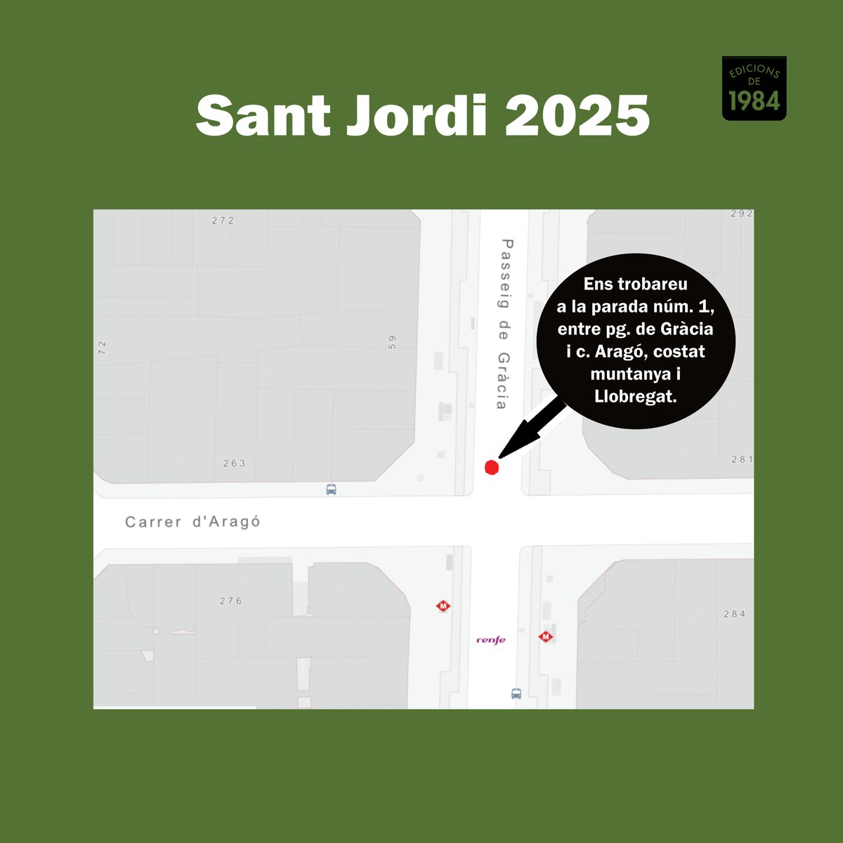Edicions1984's tweet photo. «Sant Jordi mata l’aranya!»

Enguany ens trobareu al tram 5 de passeig de Gràcia, entre València i Aragó (parada 1, just al costat de la cantonada amb Aragó).

Veniu-nos a veure 🌹📚🐲! https://t.co/YSpkzk2JRO