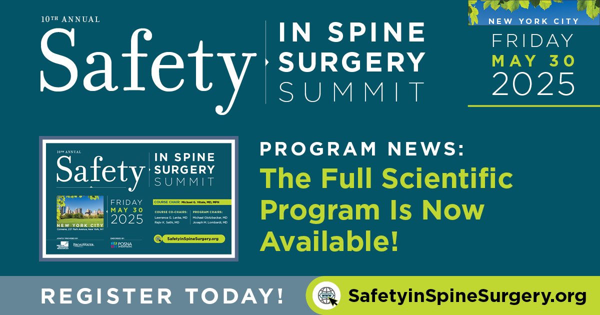 Program News: Browse the Safety Summit’s Full Scientific Program! Learn how neuromonitoring has evolved from Han Jo Kim and Larry Lenke, find out what Ron Lehman and Joe Lombardi think is next in robotics, and look forward to Keynote address by Rex Marco broad-water.com/event/the-10th…