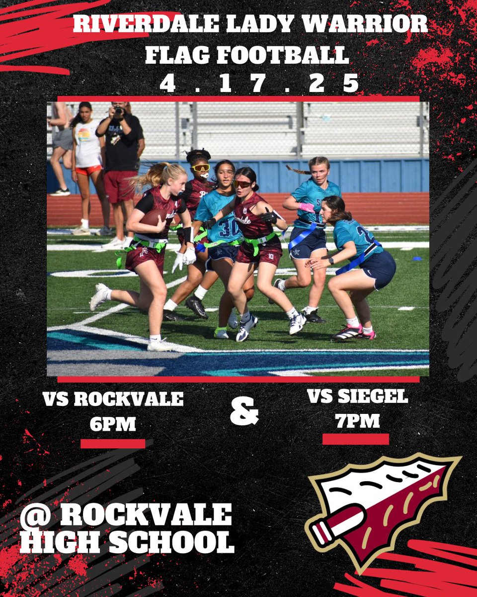 The Riverdale Lady Warrior Flag Football team will travel to Rockvale High School today to take on Rockvale and Siegel. Let’s see if the Warriors can win out for a chance at the City Championship next week 🏹 🏹 

⁦<a href="/RiverdaleHighTN/">Riverdale HS</a>⁩ ⁦<a href="/RHS_SID/">David Limbaugh</a>⁩ ⁦<a href="/RHS_WarriorsFB/">Riverdale Football</a>⁩
