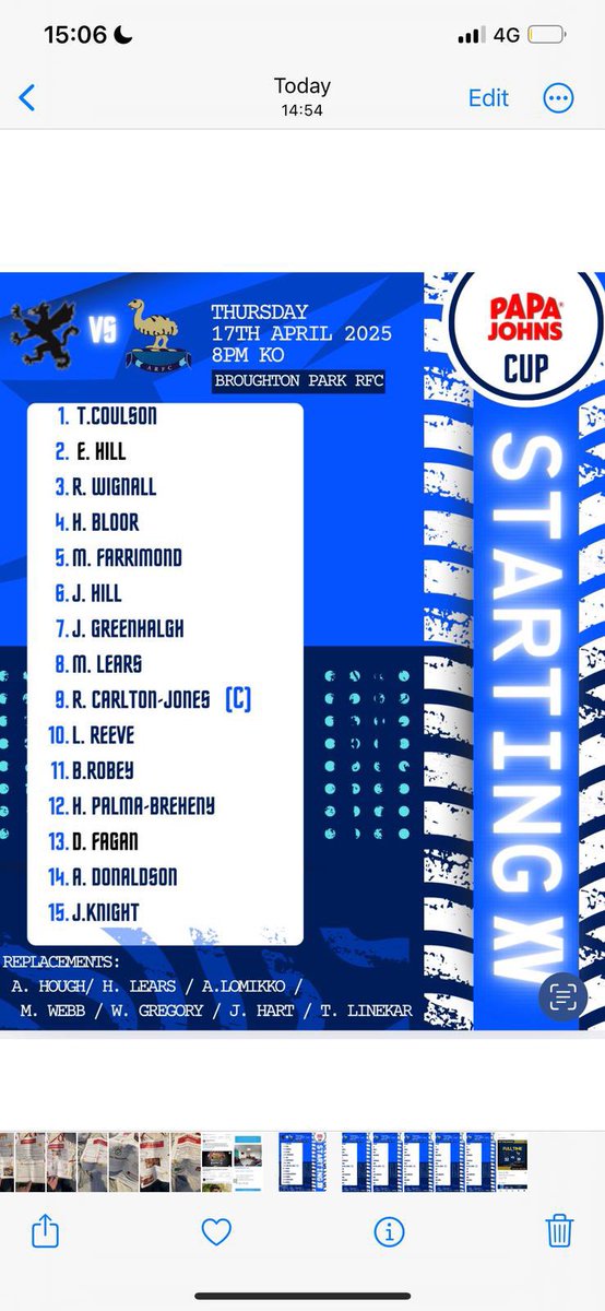 Team news for tonight’s trip to broughton park in the papa johns cup 

Good luck lads