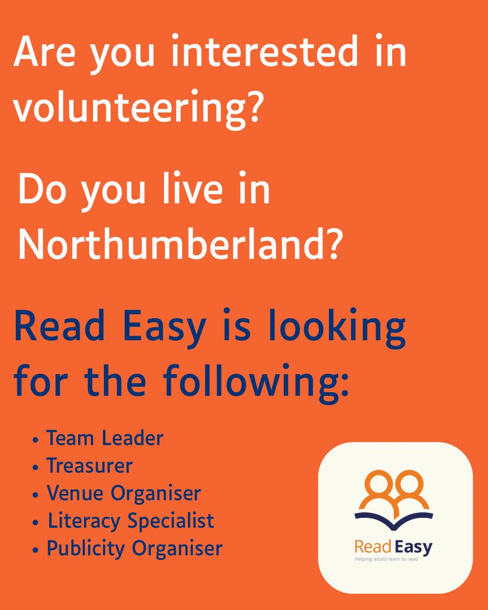 ReadEasyNNT's tweet photo. Read Easy Northumberland is a new group looking for management team members. If you're in Northumberland and interested in the below volunteer roles, please look at our website https://t.co/jAxYnfYQhk for role descriptions and message karen@readeasy.org.uk or kris@readeasy.org.uk https://t.co/EzQ7DtZfpn