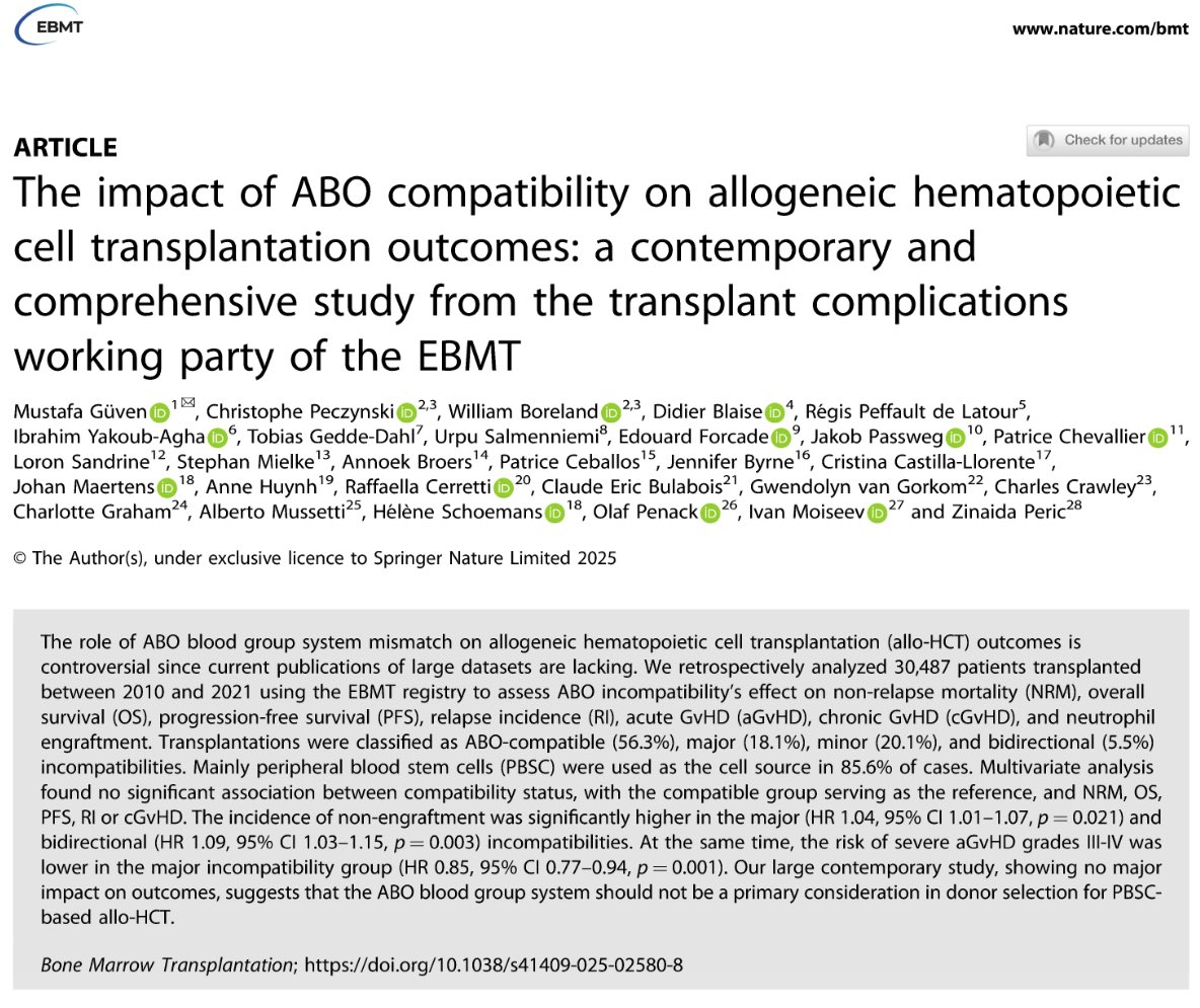 Mustafa Güven, MD (@mustafaguvn) on Twitter photo Privileged to be a part of this study 🩸
I am beyond honored to present the largest study on the impact of ABO compatibility on allo-HCT outcomes on behalf of the TCWP of <a href="/TheEBMT/">The EBMT</a>: nature.com/articles/s4140… <a href="/TheEBMT_Trainee/">The EBMT Trainee Committee</a> <a href="/BMTjournal/">Bone Marrow Transplantation</a> Privileged to be a part of this study 🩸
I am beyond honored to present the largest study on the impact of ABO compatibility on allo-HCT outcomes on behalf of the TCWP of <a href="/TheEBMT/">The EBMT</a>: nature.com/articles/s4140… <a href="/TheEBMT_Trainee/">The EBMT Trainee Committee</a> <a href="/BMTjournal/">Bone Marrow Transplantation</a>