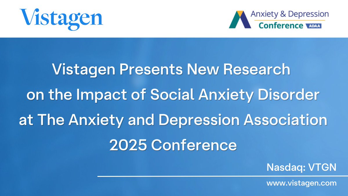Vistagen shared new data on social anxiety disorder at #ADAA2025. 31M+ U.S. adults affected, rising fastest among 18-22 y/o- yet treatment rates have decreased. The new data build on recent epidemiology findings from the 2024 NEI Congress: bit.ly/42QRXvW $VTGN