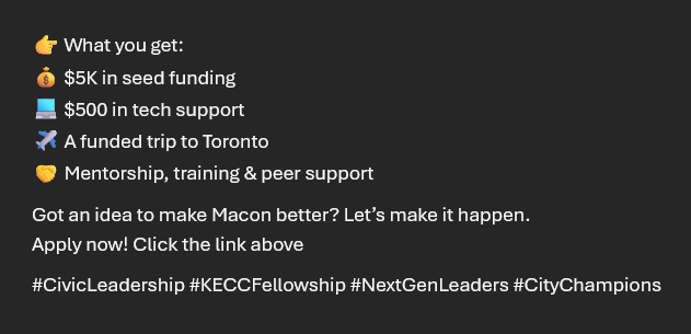 Knight Macon (@knightmacon) on Twitter photo 2025–2026 Knight Emerging City Champions (KECC)🚨Apps are now OPEN!
We’ve partnered with <a href="/880Cities/">8 80 Cities</a> to support the next wave of changemakers—bold civic leaders (ages 18–35) who are ready to turn creative ideas into real community impact. emergingcitychampions.org/apply/ #makemaconbetter 2025–2026 Knight Emerging City Champions (KECC)🚨Apps are now OPEN!
We’ve partnered with <a href="/880Cities/">8 80 Cities</a> to support the next wave of changemakers—bold civic leaders (ages 18–35) who are ready to turn creative ideas into real community impact. emergingcitychampions.org/apply/ #makemaconbetter