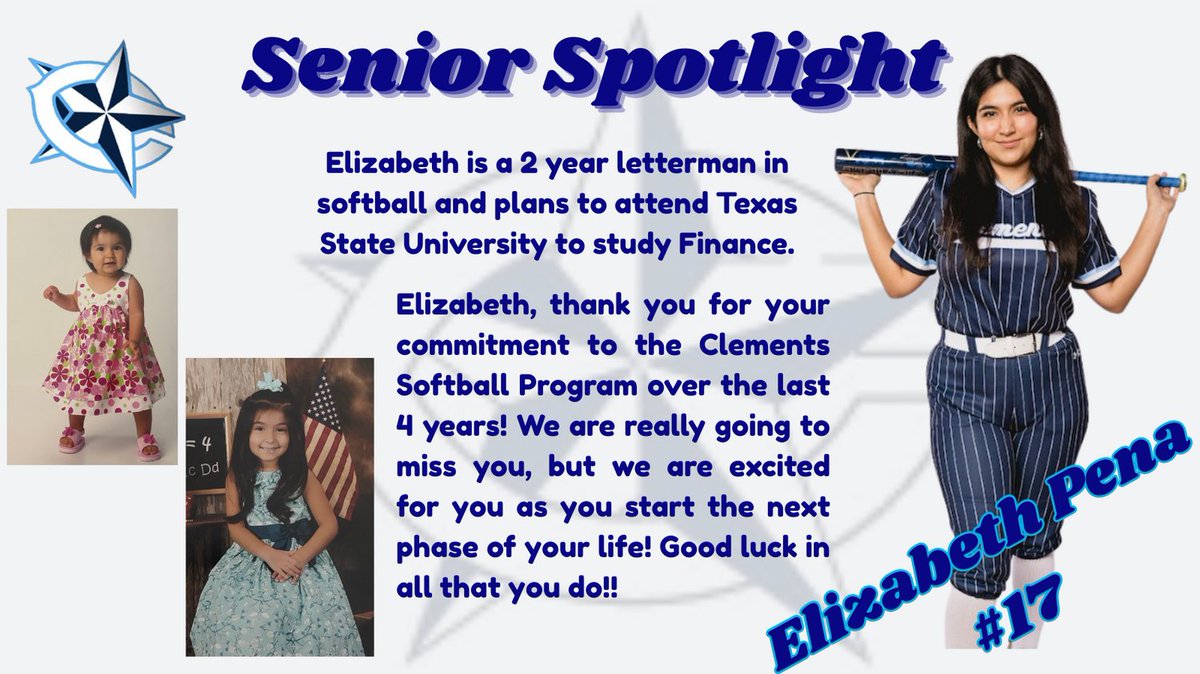 clementssftbl's tweet image. Next up on Senior Spotlights we have #17 Elizabeth Pena! Come on out tonight to celebrate Elizabeth along with the other Seniors! Enjoy the game vs Travis, and stick around for the seniors "last hits" on the field after the game! Going to be a great night!