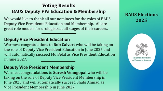 BAUS (@bausurology) on Twitter photo 👀 Voting results for BAUS Vice Presidents Education & Membership
Thank you to all the nominees for these roles and to our members who voted.
Congratulations to elected members:
Rob Calvert - Deputy VP Education
Suresh Venugopal - Deputy VP Membership
<a href="/IPearce82/">Ian Pearce</a> <a href="/joeurol/">Joe Philip 🇮🇳 🇬🇧</a> 👀 Voting results for BAUS Vice Presidents Education & Membership
Thank you to all the nominees for these roles and to our members who voted.
Congratulations to elected members:
Rob Calvert - Deputy VP Education
Suresh Venugopal - Deputy VP Membership
<a href="/IPearce82/">Ian Pearce</a> <a href="/joeurol/">Joe Philip 🇮🇳 🇬🇧</a>