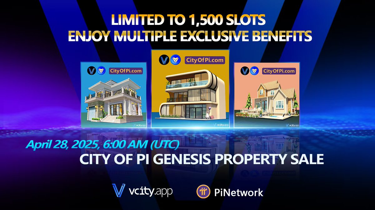 V_VcityGlobal's tweet image. 🔥City of Pi Genesis Launch! 4/28 6:00AM UTC
Limited 1500 units
🏙Modern Arc 200units 
🏡Leisure Villa 300units
☀Sunshine Villa 1000units
USDT and VCITY payments accepted
Own=Council status+20% profit share+FREE land NFT
Link vcity.app 
#CityOfPi #V-Meta #VcityCoin