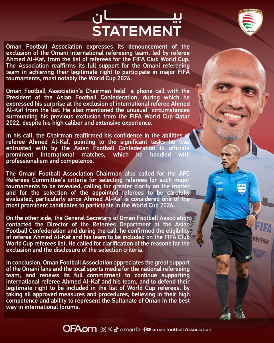 OmanFA's tweet photo. الاتحاد العُماني لكرة القدم يؤكد دعمه الكامل للحكم أحمد الكاف وطاقمه في سعيهم المشروع للانضمام إلى قائمة حكام كأس العالم للأندية.
 OFA reaffirms its full support for referee Ahmed Al-Kaf and his refereeing team in their rightful pursuit of joining the FIFA Club World Cup referees list.