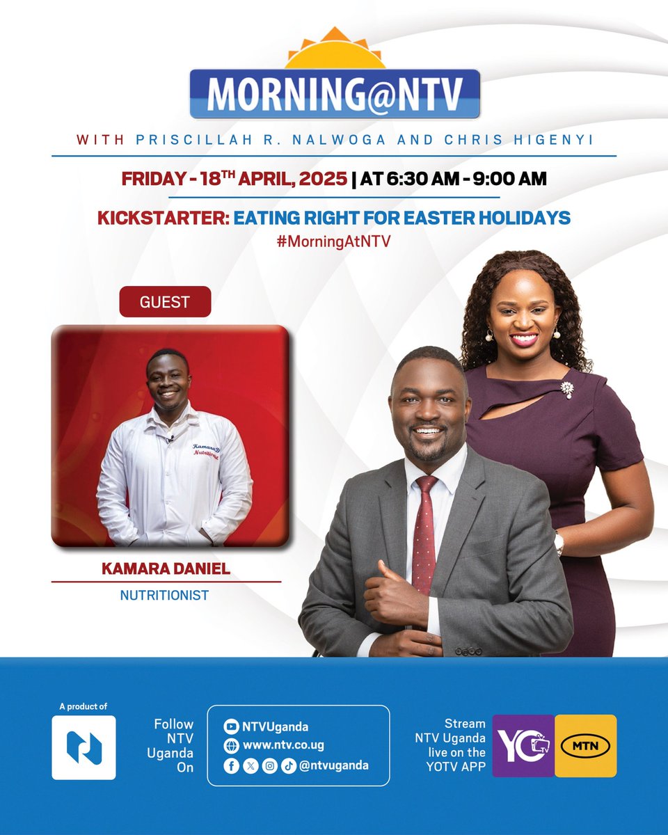 Kamara Daniel (@nutritionistkd) on Twitter photo This Friday <a href="/ntvuganda/">NTV UGANDA</a> with <a href="/ChrisHigenyi/">Chris Higenyi</a> and <a href="/PriscillaNallie/">Priscilla Regina👑 Nalwoga</a> discussing #EasterEating.
We shall tackle What Healthy Eating is in Easter Holidays, stressing the importance of mindful eating.
<a href="/DailyMonitor/">Daily Monitor</a> <a href="/HeartUganda/">Uganda Heart Institute</a> <a href="/UgandaCancerIns/">Uganda Cancer Institute</a> <a href="/Amref_Uganda/">Amref Health Africa in Uganda</a> <a href="/WHOUganda/">WHO Uganda</a> <a href="/WHH_Uganda/">WHH Uganda – Welthungerhilfe</a> This Friday <a href="/ntvuganda/">NTV UGANDA</a> with <a href="/ChrisHigenyi/">Chris Higenyi</a> and <a href="/PriscillaNallie/">Priscilla Regina👑 Nalwoga</a> discussing #EasterEating.
We shall tackle What Healthy Eating is in Easter Holidays, stressing the importance of mindful eating.
<a href="/DailyMonitor/">Daily Monitor</a> <a href="/HeartUganda/">Uganda Heart Institute</a> <a href="/UgandaCancerIns/">Uganda Cancer Institute</a> <a href="/Amref_Uganda/">Amref Health Africa in Uganda</a> <a href="/WHOUganda/">WHO Uganda</a> <a href="/WHH_Uganda/">WHH Uganda – Welthungerhilfe</a>
