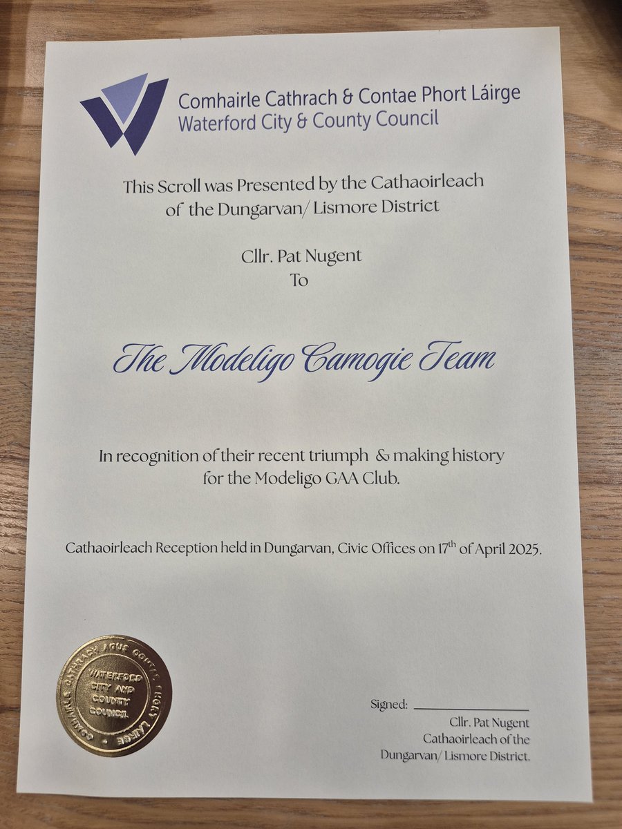 Damien Geoghegan (@damiengeoghegan) on Twitter photo Delighted to see The <a href="/ModeligoGAA/">Modeligo GAA</a> Camogie Team recognised by <a href="/WaterfordCounci/">Waterford City & County Council</a> for their success in Munster in 2024.
A fantastic bunch who I'm sure will have many more great days on the playing field.
An absolute credit to themselves, their families and their club. #Modeligo🟢⚪️ Delighted to see The <a href="/ModeligoGAA/">Modeligo GAA</a> Camogie Team recognised by <a href="/WaterfordCounci/">Waterford City & County Council</a> for their success in Munster in 2024.
A fantastic bunch who I'm sure will have many more great days on the playing field.
An absolute credit to themselves, their families and their club. #Modeligo🟢⚪️