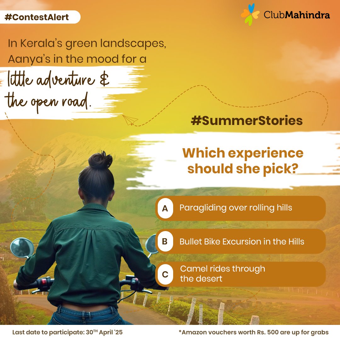 Club Mahindra (@clubmahindra) on Twitter photo #ContestAlert 4 of 15
Participate in all #SummerStories
STEPS
1) Comment below with your answer using #SummerStories and #ClubMahindra.
Donât forget to tag <a href="/clubmahindra/">Club Mahindra</a> and four of your friends â itâs mandatory!
2) Participate in all 15 contest posts. Winners get Amazon #ContestAlert 4 of 15
Participate in all #SummerStories
STEPS
1) Comment below with your answer using #SummerStories and #ClubMahindra.
Donât forget to tag <a href="/clubmahindra/">Club Mahindra</a> and four of your friends â itâs mandatory!
2) Participate in all 15 contest posts. Winners get Amazon