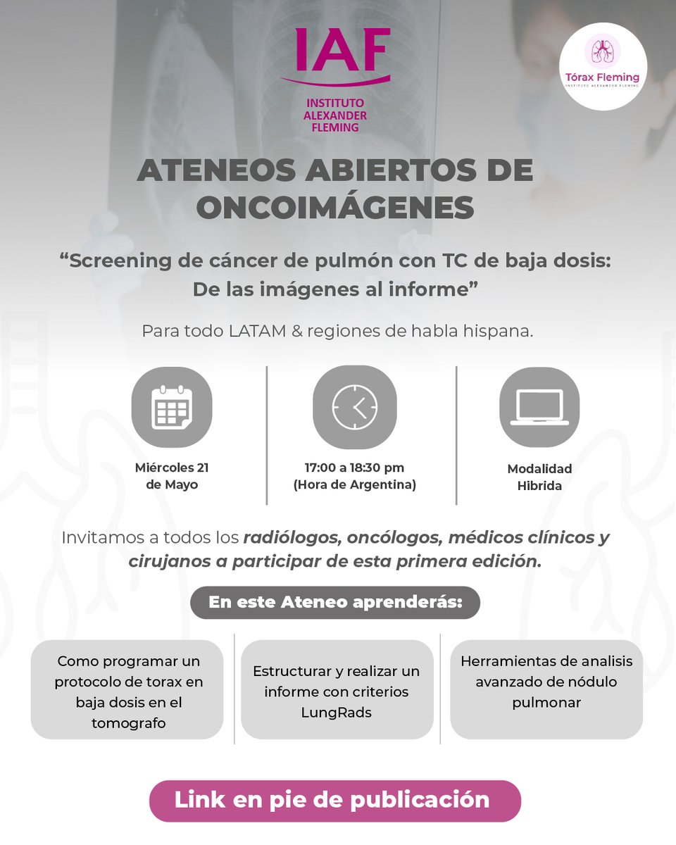 Ateneos abiertos de oncoimágenes

Un evento destinado a:
▪️Radiólogos
▪️Oncólogos
▪️Médicos clínicos
▪️Cirujanos

🗓️ Miércoles 21 de mayo
🕓 17:00 a 18:30 (Hora Argentina)
💻 Modalidad Híbrida

👉🏼 Inscribite a través del siguiente link: acortar.link/3IjOMR