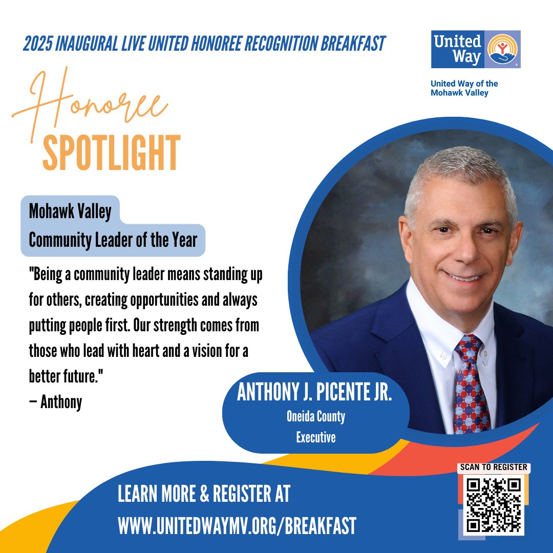 UnitedWayMV's tweet photo. We’re honored to recognize Anthony Picente @AJPicenteJr , Oneida County Executive, as our 2025 Mohawk Valley Community Leader of the Year! 👏

📅 May 6th, 2025 | 🕣 8:30–10 AM
📍 Five Points Public House, Utica
🔗 Register: https://t.co/mNNCpyHaIK

#HonoreeSpotlight #UnitedWayMV https://t.co/xe3qqRfkWk