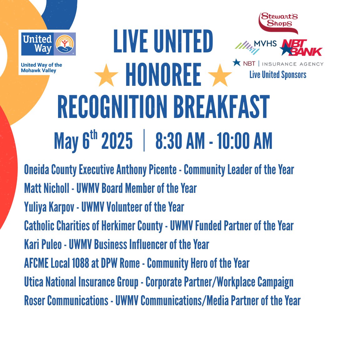 UnitedWayMV's tweet photo. We’re honored to recognize Anthony Picente @AJPicenteJr , Oneida County Executive, as our 2025 Mohawk Valley Community Leader of the Year! 👏

📅 May 6th, 2025 | 🕣 8:30–10 AM
📍 Five Points Public House, Utica
🔗 Register: https://t.co/mNNCpyHaIK

#HonoreeSpotlight #UnitedWayMV https://t.co/xe3qqRfkWk