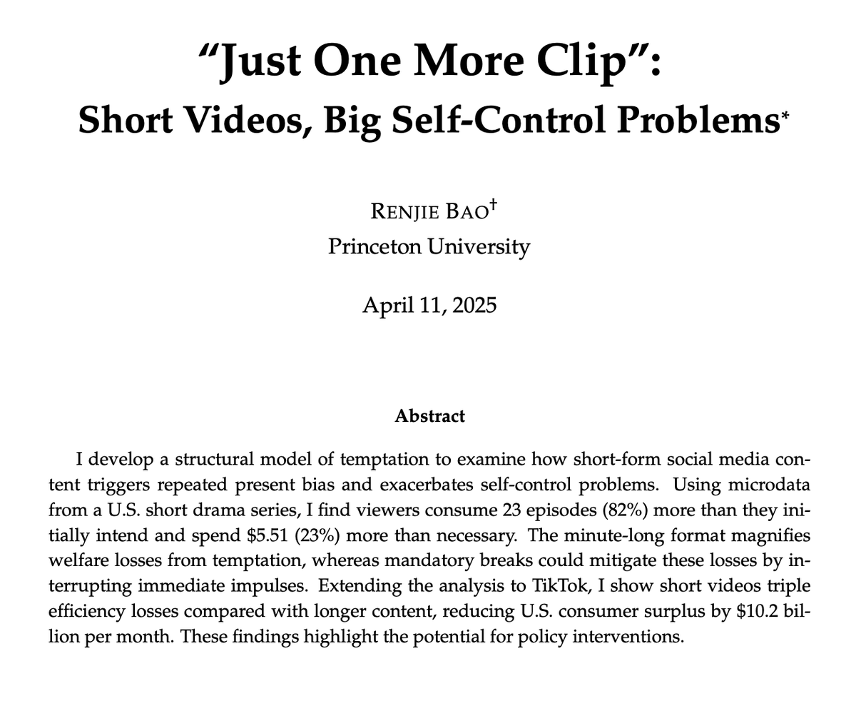 Hooked on Twitter🧐? You’re not alone! My paper shows how platforms like TikTok exploit our self-control problems with endless short content—causing massive welfare losses! 📺

Check it out here: renjie-bao.github.io/uploads/Just_O…

#Economics #socialmedia