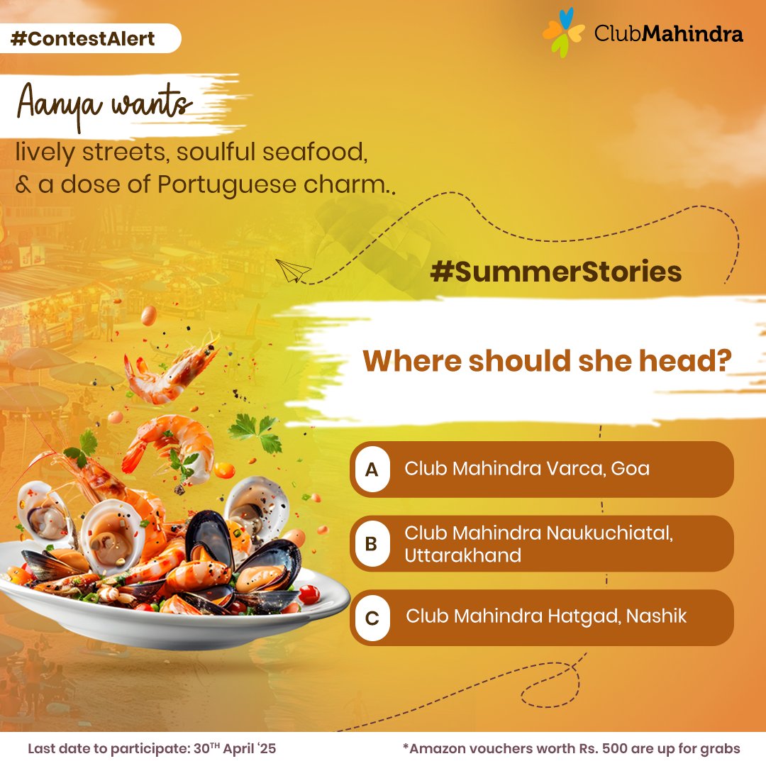 Club Mahindra (@clubmahindra) on Twitter photo #ContestAlert 5 of 15
Participate in all #SummerStories
STEPS
1) Comment below with your answer using #SummerStories and #ClubMahindra.
Donât forget to tag <a href="/clubmahindra/">Club Mahindra</a> and four of your friends â itâs mandatory!
2) Participate in all 15 contest posts. Winners get Amazon #ContestAlert 5 of 15
Participate in all #SummerStories
STEPS
1) Comment below with your answer using #SummerStories and #ClubMahindra.
Donât forget to tag <a href="/clubmahindra/">Club Mahindra</a> and four of your friends â itâs mandatory!
2) Participate in all 15 contest posts. Winners get Amazon