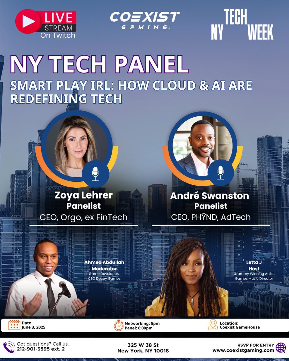 lettajmusic's tweet photo. @coexistgaming will be hosting a panel on “How Cloud &amp; AI Are Redefining Tech”on Tuesday, June 3, 2025 during #[
NYTechWeek! Excited to be participating! @a16z @techweek_ https://t.co/UjVV79iFBb
RSVP for FREE here: https://t.co/uMZPXDC6xn https://t.co/hyrjFG1uwC