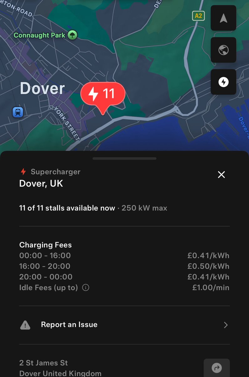 Anekcahaps's tweet image. Dover UK Tesla Supercharger is now open with 11 V4 250kW stalls. It’s just off the A20 in the St James Retail and Leisure park and is open to all EVs (with CCS). Perfect for cross Channel traffic taking the ferry.