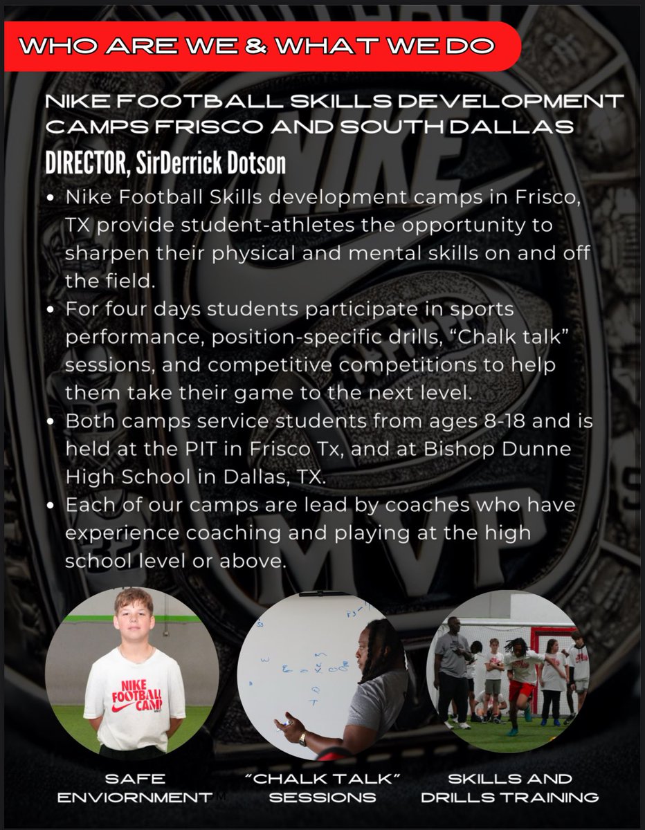 Unleash Your Game This Summer with Nike Football Camps!

Athletes of South Dallas and Frisco — are you ready to train like a pro? 
Spots are limited. Register now and own your summer:
ussportscamps.com/football

#TrainWithTheBest #NikeFootballCamp #TXGridiron