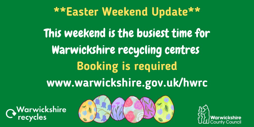 Warksrecycles's tweet photo. The Warwickshire recycling centres are expected to be very busy this weekend and Bank Holiday Monday, so please book a slot via https://t.co/RcNaIZt1lE https://t.co/0suI7a25JB