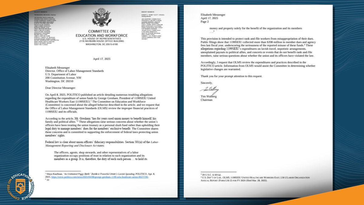 🚨 NEWS: Chairman <a href="/RepWalberg/">Rep. Tim Walberg</a> requested <a href="/USDOL/">U.S. Department of Labor</a> investigate reports that the president of <a href="/1199SEIU/">1199SEIU💫</a>, one of the country's largest health care unions, misused union funds to cover his own lavish expenses and bail out personal friends.

edworkforce.house.gov/news/documents…
