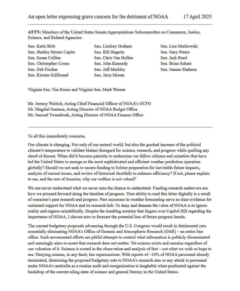 meteorahlogy's tweet photo. The continued assault on NOAA is unacceptable and I can no longer stand by idly while science and truth are denied, demeaned, and defunded.

I composed this open letter than I am sending separately to the addressed persons. Full text is too long to post here, but... (1/2) https://t.co/smQyuTY09R