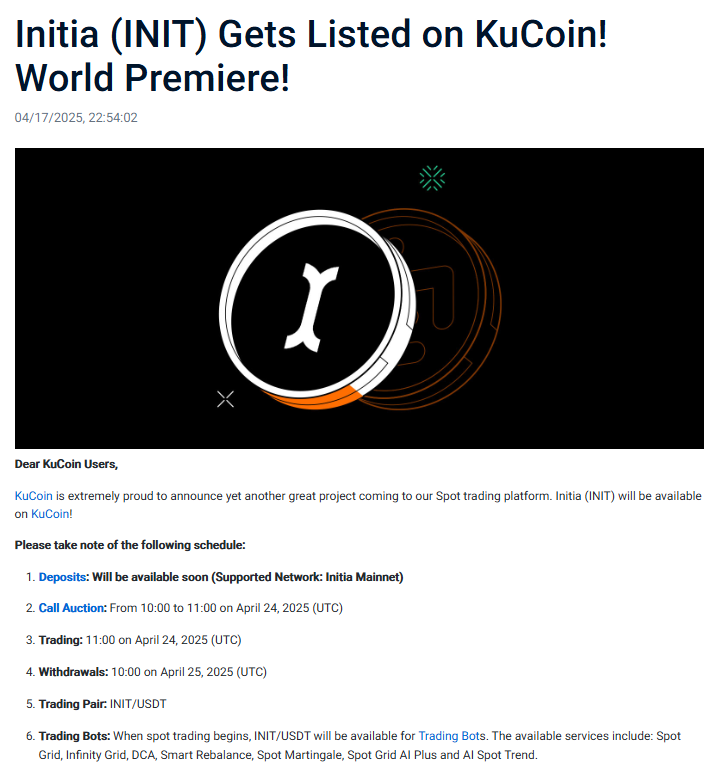 baiiley_stephen's tweet photo. 🚀#Initia $INIT makes its world premiere on KuCoin! Trading starts April 24, 11AM UTC
Don’t miss it
Listing news:
https://t.co/h1GACCR5tb

#INIT #KuCoin #CryptoListing $KCS $AYER $SUSHI $OM $RAY $BONK $CSIX $SOL $ETH $DOT $AERGO $AERGO $LAYER $CORE $LINK $KERNEL $BABY #CryptoPump https://t.co/R23vvhRFXL