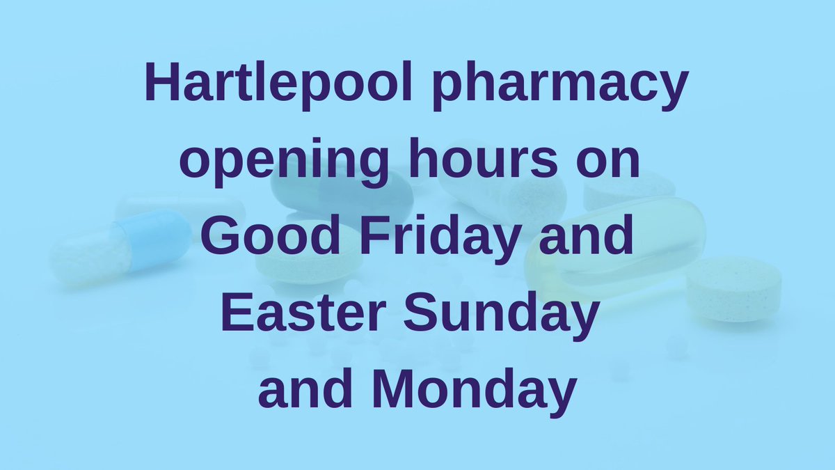 Hartlepool Borough Council (@hpoolcouncil) on Twitter photo ๐๐ฎ๐ฟ๐๐น๐ฒ๐ฝ๐ผ๐ผ๐น ๐ฝ๐ต๐ฎ๐ฟ๐บ๐ฎ๐ฐ๐ ๐๐ฎ๐๐๐ฒ๐ฟ ๐ผ๐ฝ๐ฒ๐ป๐ถ๐ป๐ด ๐ต๐ผ๐๐ฟ๐
#Hartlepool community pharmacy opening hours for Good Friday, Easter Sunday and Easter Monday are detailed below:
๐๐ผ๐ผ๐ฑ ๐๐ฟ๐ถ๐ฑ๐ฎ๐ - ๐ญ๐ด๐๐ต ๐๐ฝ๐ฟ๐ถ๐น
๐ต Wynyard Road Pharmacy, 29 Wynyard Road, ๐๐ฎ๐ฟ๐๐น๐ฒ๐ฝ๐ผ๐ผ๐น ๐ฝ๐ต๐ฎ๐ฟ๐บ๐ฎ๐ฐ๐ ๐๐ฎ๐๐๐ฒ๐ฟ ๐ผ๐ฝ๐ฒ๐ป๐ถ๐ป๐ด ๐ต๐ผ๐๐ฟ๐
#Hartlepool community pharmacy opening hours for Good Friday, Easter Sunday and Easter Monday are detailed below:
๐๐ผ๐ผ๐ฑ ๐๐ฟ๐ถ๐ฑ๐ฎ๐ - ๐ญ๐ด๐๐ต ๐๐ฝ๐ฟ๐ถ๐น
๐ต Wynyard Road Pharmacy, 29 Wynyard Road,