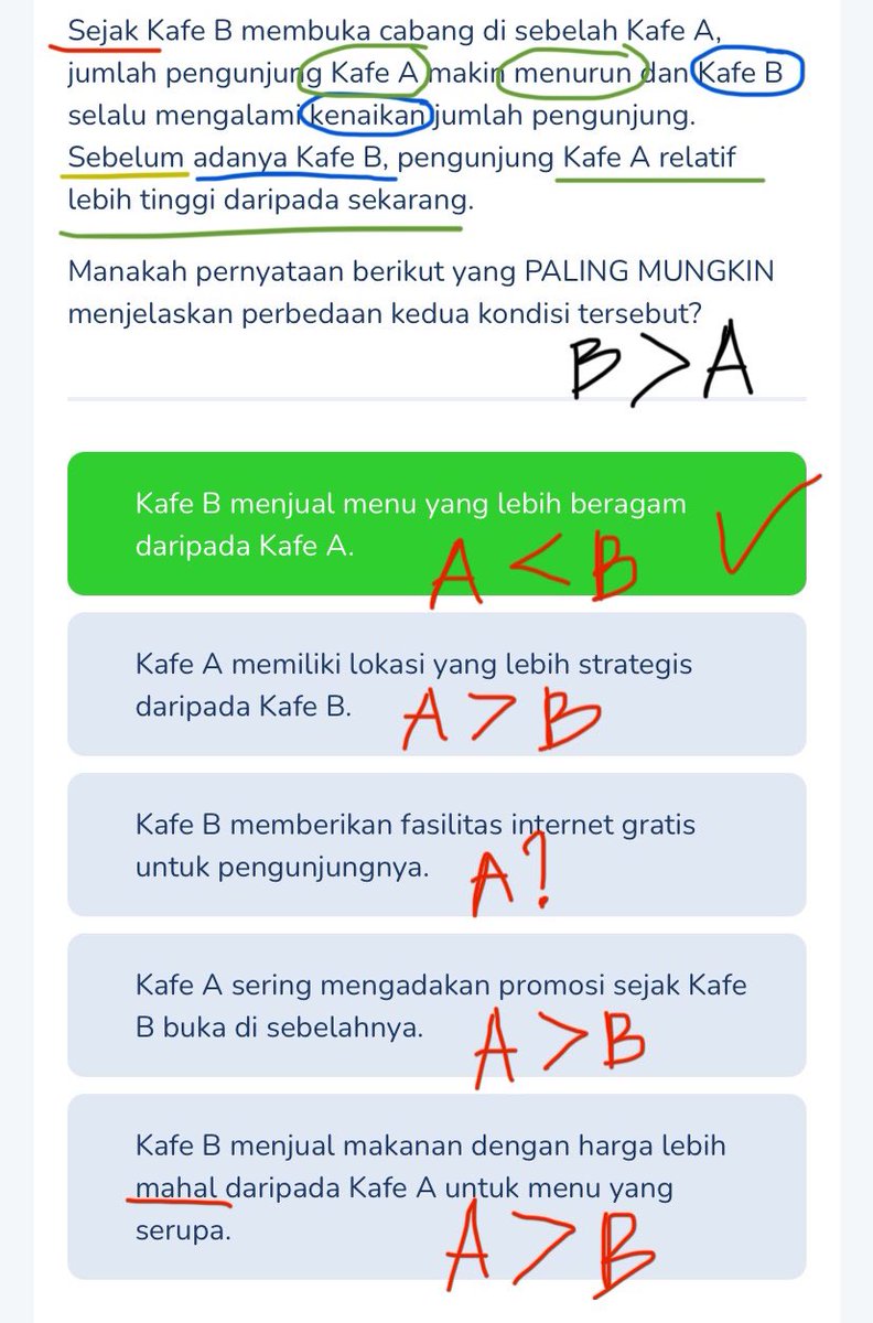 8️⃣ perbedaan kondisi
tentukan kondisi pernyataan di soal, lalu cek 1 per 1 tiap pilihan jawaban yang sama berdasarkan kondisi.