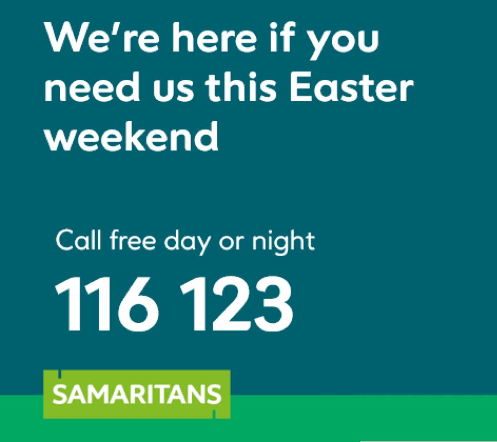 Easter weekend is almost here, with celebrations taking place across the UK - happy Easter to all of those of you who are celebrating! 

Finding this weekend difficult for any reason? As always, we’re here to listen. Call 116 123 💚📞