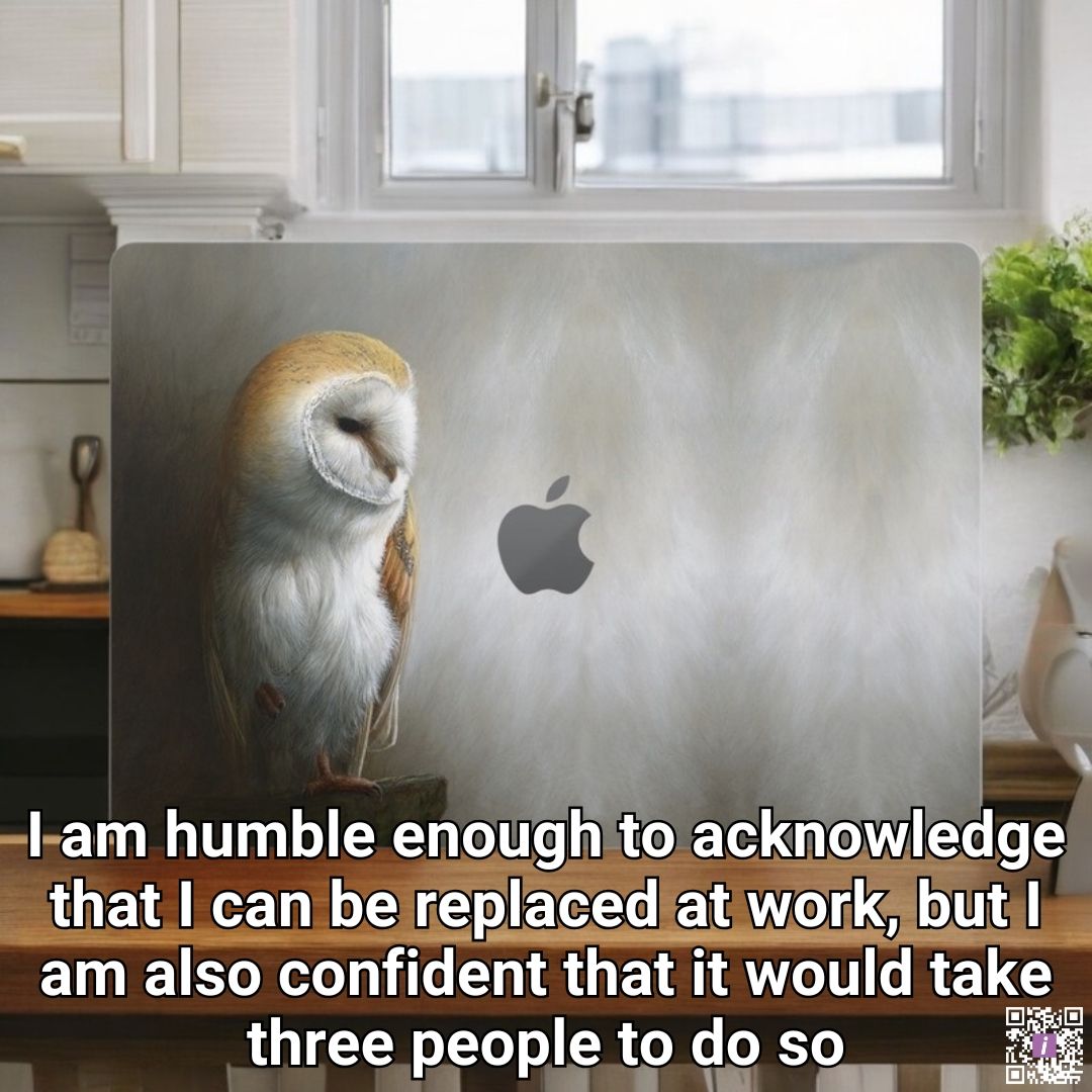 iStylescom's tweet image. I humbly admit I can be replaced at work, yet I&apos;m confident it would take three people to do it.

#ProductivityQuotes #MacBookStyle #OfficeHumor #Confidence #WorkLifeBalance #TechAccessories #LaptopDecor

Featuring MacBook Skin
👉 istyles.com/x/macbook-repl…