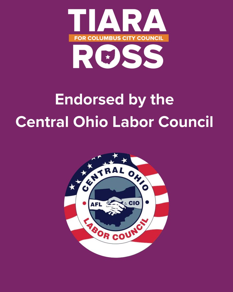 TiaraNRoss's tweet photo. I’m so proud to have the endorsement of the Central Ohio Labor Council — representing thousands of union workers across our region.
Let’s build a Columbus where working families come first. ✊🏾💜🧡 https://t.co/RpYrnQKGCx