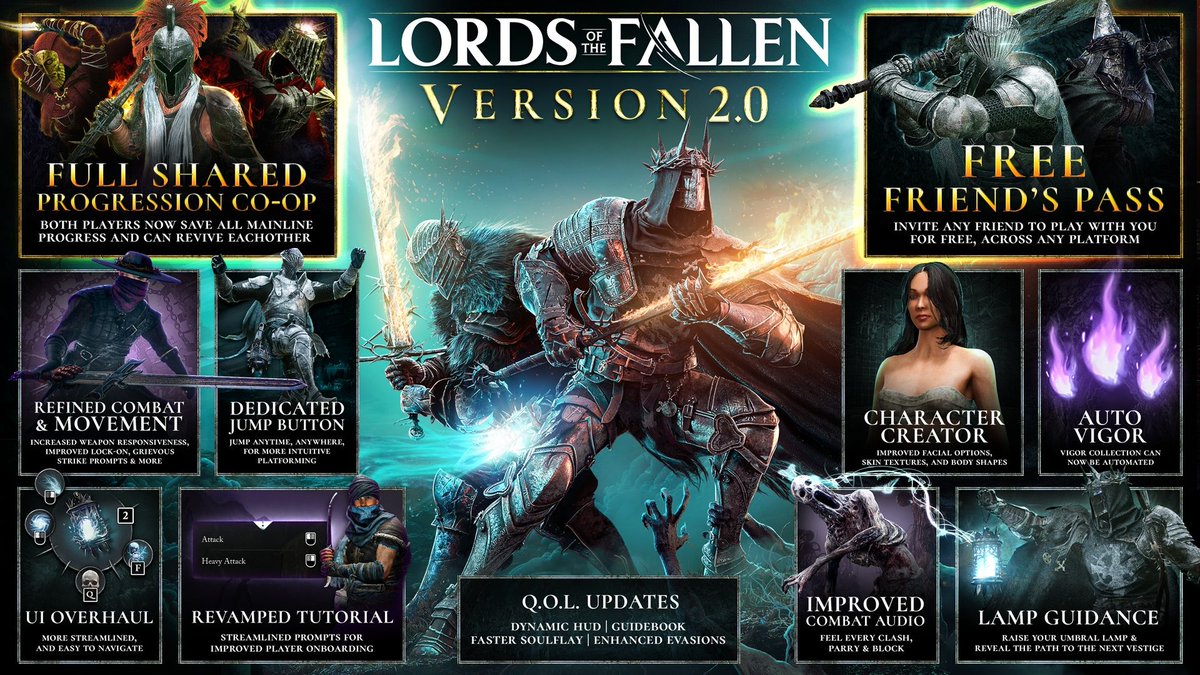 Lords of the Fallen - VERSION 2.0 Update available on PS5/Xbox Series/PC buff.ly/VtXA8bS 

-Shared-Progression Crossplay Co-Op 
-Free Friend’s Pas 
-Revamped Combat &amp; Movement 
-Dedicated Jump Button 
-Full Weapon Audio Overhaul
-Overhauled Character Creator
-Modernized