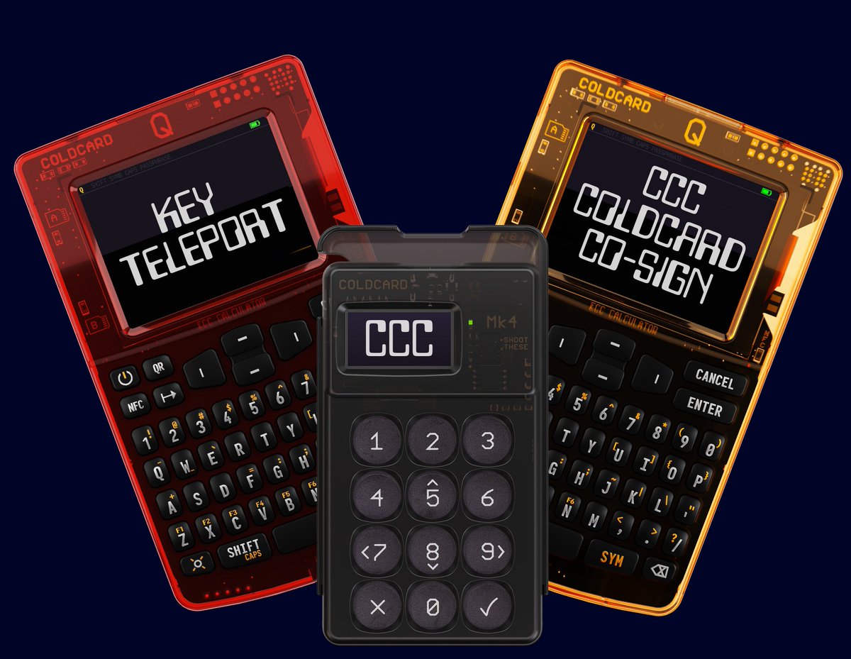 New Firmware; BIG features!

#CCC 🔐: COLDCARD Co-signs like collaborative multisig HSMs, no servers

#KeyTeleport ✈️: Send secrets by video call to other COLDCARD! Securely move seeds,secure notes/passwords, PSBTs, even full backups, between two Q using QR or NF

&amp; MUCH more🧵