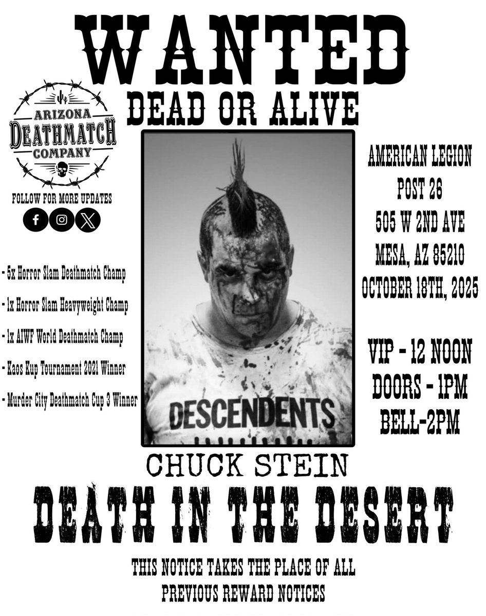 AZDMCo's tweet image. Kick off #WrestleMania weekend with an announcement!

Representing the Midwest Deathmatch scene, putting Detroit City back on the map, a brutal man with an even more brutal Mohawk...

THE DIRTY WHITE BOY...
CHUCK STEIN!

TIX: eventbrite.com/e/death-in-the…

#deathmatch #Arizona