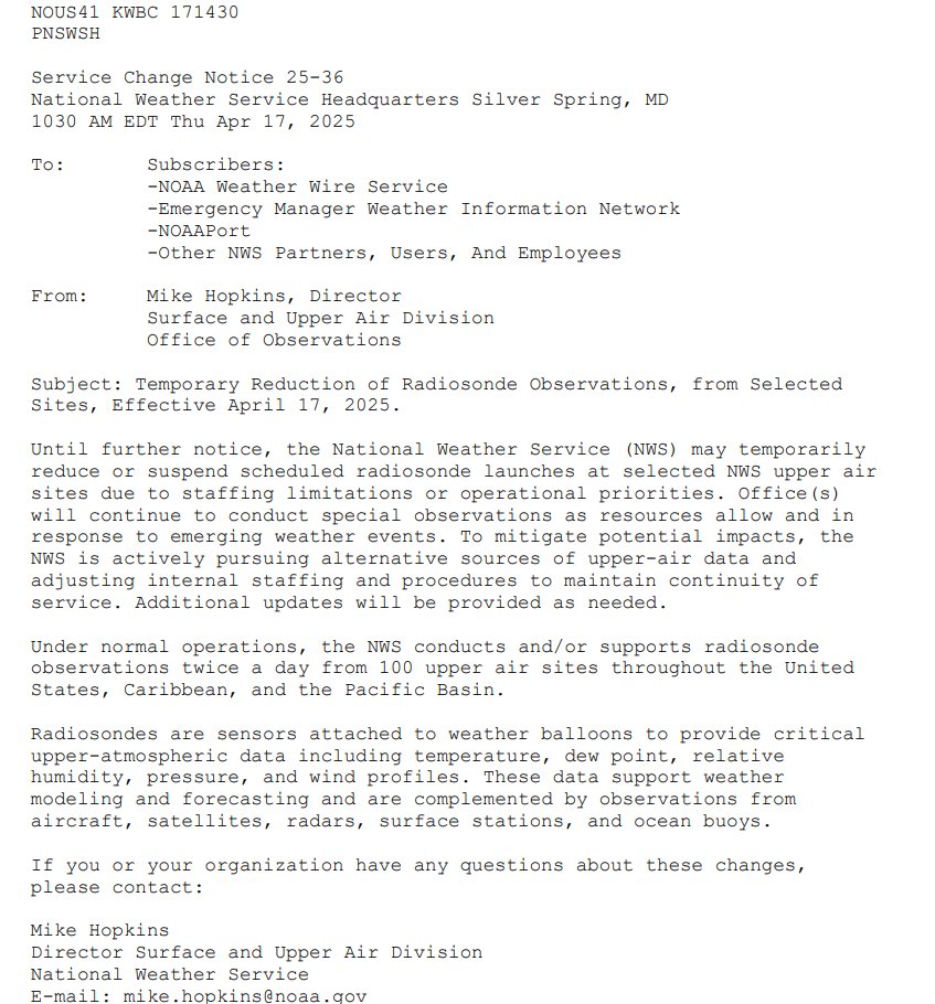 Upper air observations may just go missing now because of the Trump Administration's budget cuts and forced retirements. This could significantly (not just minimally) degrade weather forecasts from your apps, your TV mets, etc. etc. weather.gov/media/notifica…