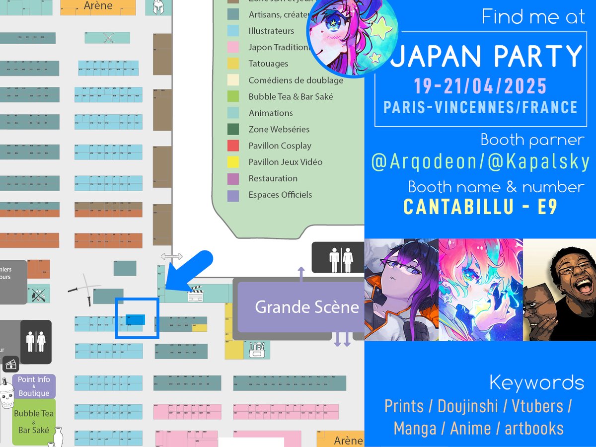 [CE WEEK-END]
Je serai à Japan Party sur le stand CANTABILLU avec <a href="/kevkapalsky/">KevKapalsky™</a> et <a href="/Arqodeon/">Arqo.👻💤🍁</a> au parc floral de Vincennes!
J'aurai mon nouveau recueil original NSFW Lavender &amp; Arja, mon Boys Love Sea of Sparks, et le stock de prints Dandadan!!
Venez nous voir ^o^)/