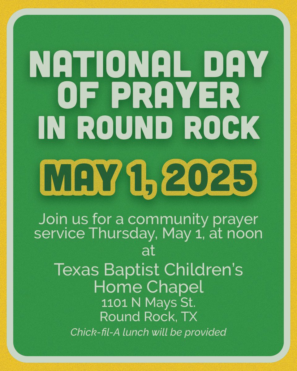 CAHMTBCH's tweet photo. Just two weeks away! Mark your calendar and join us in the chapel at TBCH for a powerful community prayer service in celebration of the National Day of Prayer, followed by a Chick-fil-A lunch. You won’t want to miss it! https://t.co/Xe6gy3pOpg