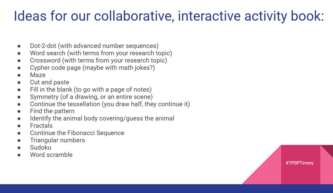 timmyGTI's tweet image. 2nd @WGESdragons brainstormed possible ideas for their &quot;collaborative, educational, interactive tool&quot; today! Acting as inventors, and publishers to create an activity book @ Mathmatical Patterns in Nature. #MathInNaturePBL #realworldlearning #futurereadyskills #TPSPTimmy #TPSP