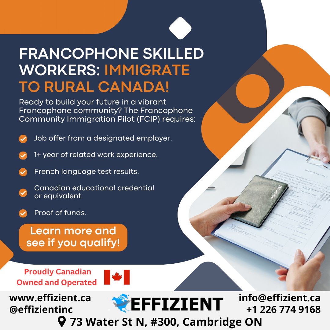 effizientcanada's tweet image. Francophone Skilled Workers: Immigrate to Rural Canada!
Dreaming of settling in a vibrant French-speaking community outside Quebec? The Francophone Community Immigration Pilot (FCIP) is your chance!

#francophoneimmigration #fcip #ruralimmigration #canadianimmigration