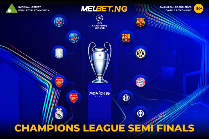 MelbetNigeria's tweet photo. #RoadToMunich: The #UCL semifinals are here! 🔥🏆
4 clubs. 1 dream. Who's your pick to win it all? 👀
Increase #WelcomeBonus up to 300000 NGN with #PromoCode 👉🏾 MELXNG
#ChampionsLeague #UCL2025 #Arsenal #InterM #Barcelona #PSG https://t.co/0WozH2yHYE