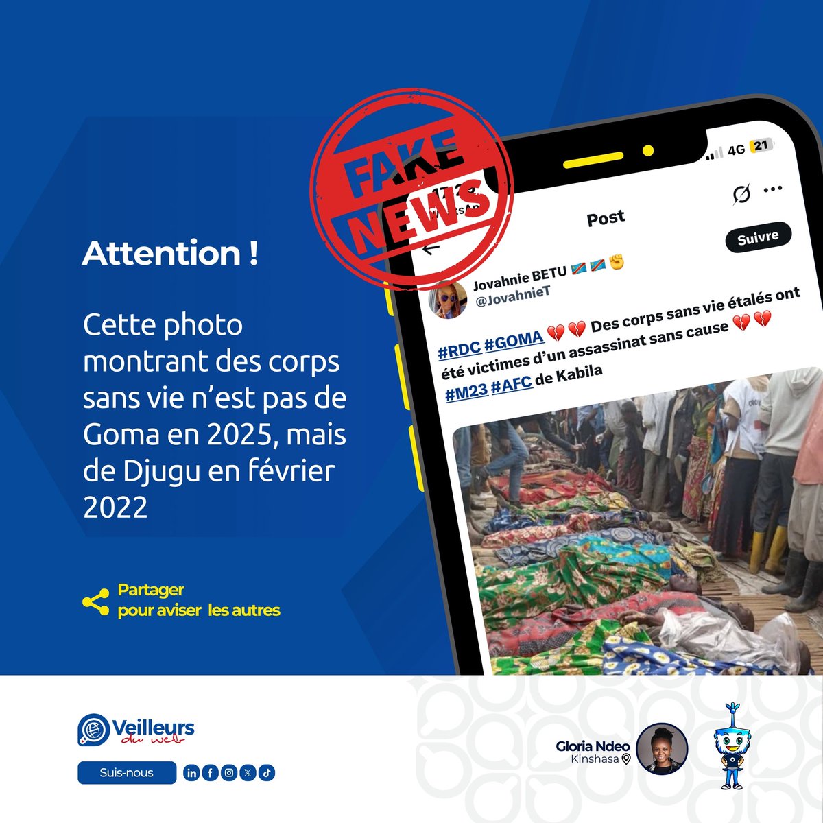 Attention, cette photo montrant des corps sans vie n’est pas de Goma en 2025, mais de Djugu en février 2022

Depuis le 6 avril dernier, le compte Jovanhie Betu a publié un post sur X, avec une photo montrant des corps sans vie visiblement allongés par terre et couverts de pagnes,