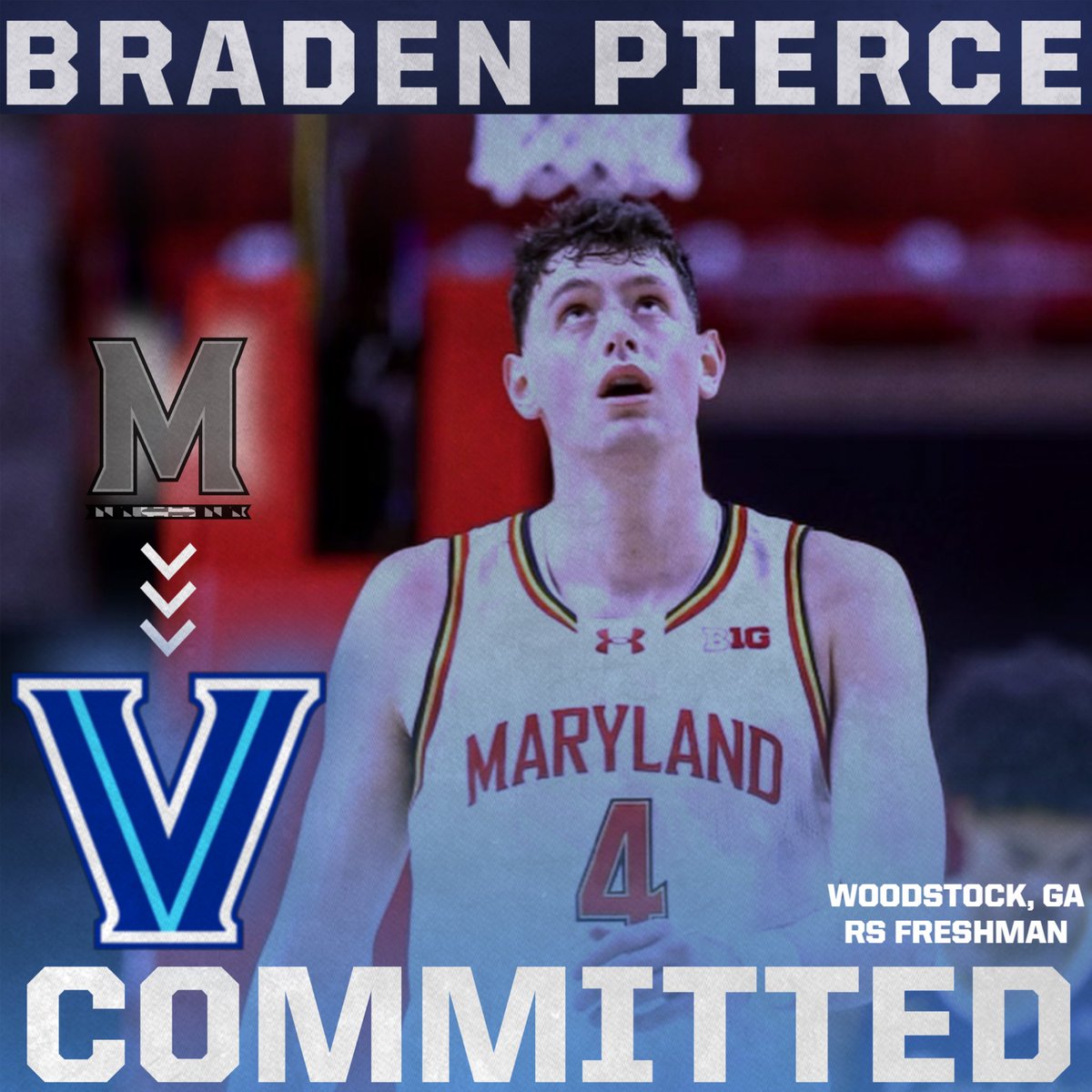 AlertsNova's tweet photo. Breaking: Maryland transfer big man Braden Pierce has committed to Villanova, he tells me.

Pierce is a 7 foot 245lb big man who has 4 years of eligibility.

“I trust Coach Willard and the rest of the staff to help get me to the next level with my development while also winning a lot of games.”

He redshirted last year and had to medical redshirt this past year.

Pierce is a former 3 ⭐️ prospect who averaged a double double with IMG Academy in Highschool.

Welcome to Nova Nation 😼🔵 @bradenpierce24