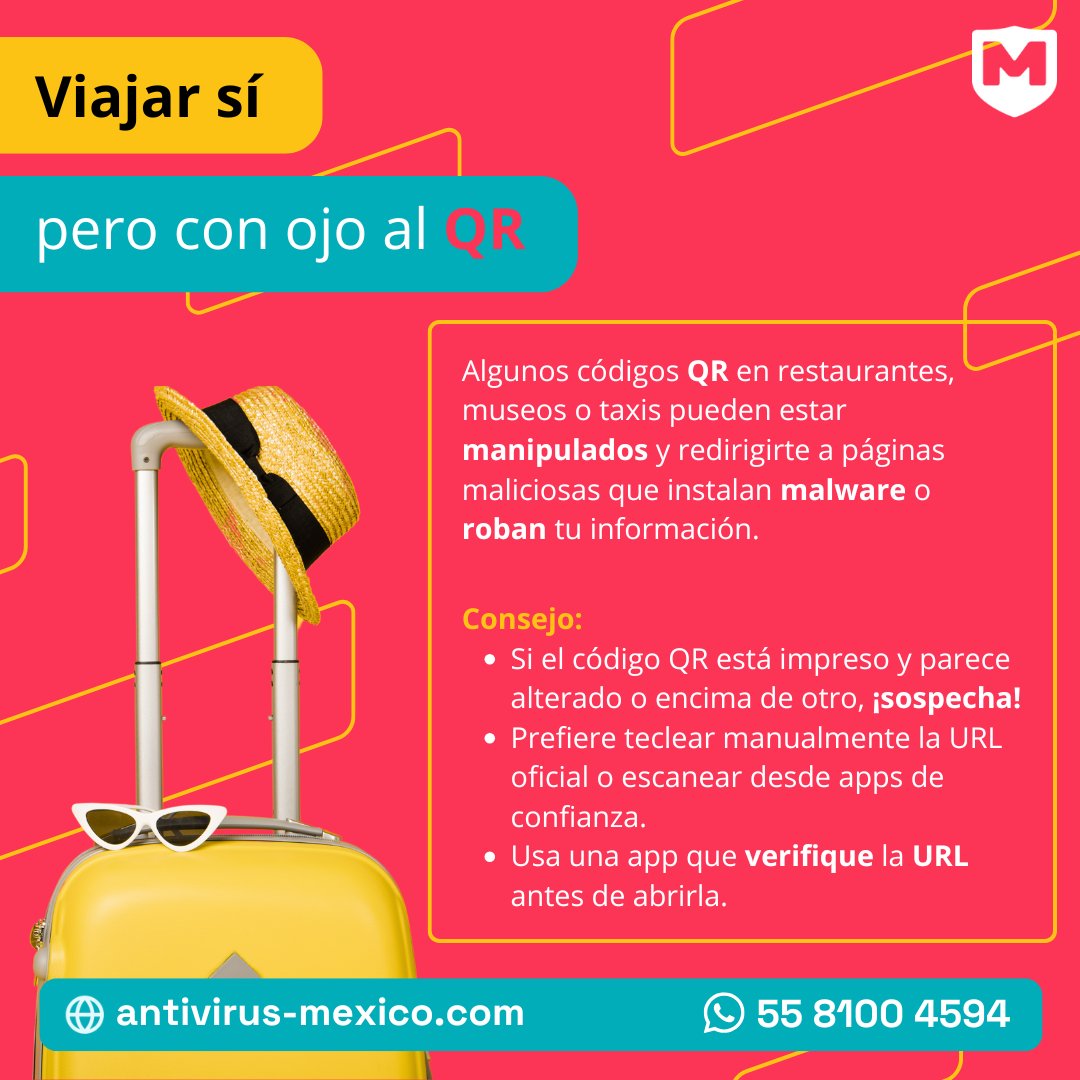 AntivirusMex's tweet photo. 📸 "No todo lo que escaneas es seguro. Un QR malicioso puede vaciar tu info más rápido que un souvenir en oferta. 

#TuristaConCuidado

#ViajaSeguro

#CiberseguridadEnVacaciones

#QRConCuidado https://t.co/Ee4WNFsWzj