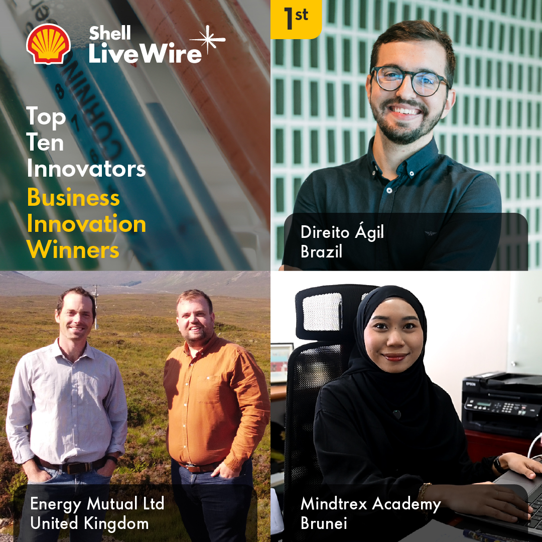 Meet the 2025 Shell LiveWire Top Ten Innovators in Business Innovation: Direito Ágil (Brazil, Rafael Wanderley), Energy Mutual (UK, Kyle Smith &amp; Sam Gray), and Mindtrex Academy (Brunei, Dk. Nur Su'aidah Pg. Hj. Metussin). 

Learn more here: go.shell.com/4jf4EXv