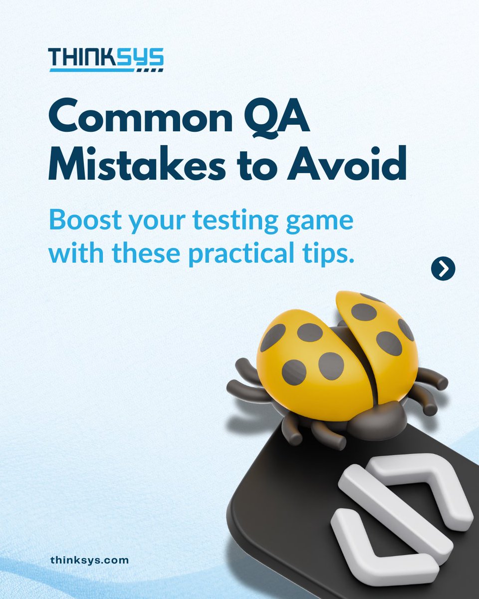 thinksysinc's tweet photo. Avoid common QA pitfalls and test smarter!
Swipe through our top tips to improve your testing game.
Need expert help? Visit our QA services page: https://t.co/O0OB0Y0yzg
#QATips #SoftwareTesting #QualityAssurance #TestingMistakes #TestSmarter https://t.co/ZSJUfvQsoV